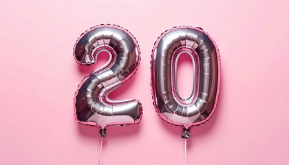 Two silver foil balloons, shaped as "20", against a pastel pink background