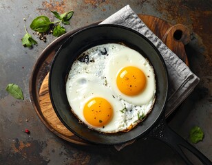 Overhead shot of two sunny-side-up eggs in a pan