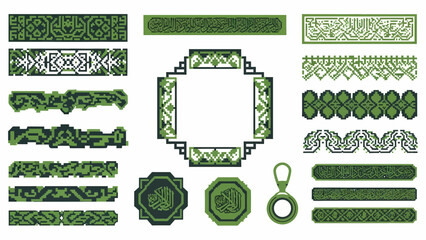Collection of green decorative borders and geometric patterns with a central octagonal motif and a circular metal ring