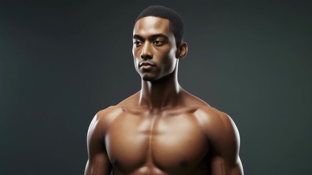 Shirtless muscular black man looking forward with determination
