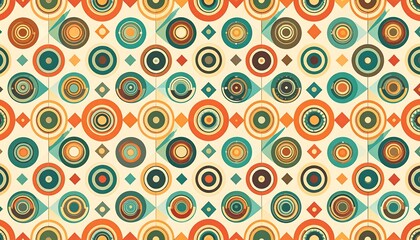 Pattern of layered colorful circles and diamonds on a cream background