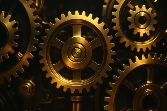 Interlocking Gears: A close-up showcases a collection of gleaming gears, intricately meshing together. These robust metal components epitomize the core of mechanical power and functional harmony.