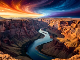 surreal abstract vertical terrain with a winding blue green river cutting through painterly canyon walls layered textured strokes glowing sky of warm and cool swirling colors elevated viewpoint expans