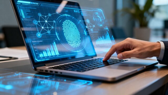 Hand using laptop with digital fingerprint interface - Powered by Adobe