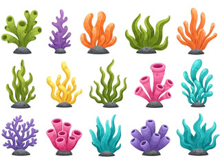 Colorful Fantasy Underwater Plants and Coral Vector Illustration Set