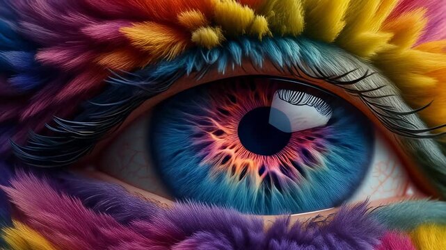 Vibrant furry eye animation pulsating with colorful patterns and mesmerizing visuals for creative projects