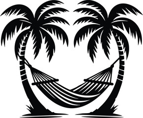 Silhouette of two palm trees with a hammock strung between them representing tropical vacation and relaxation isolated on white background