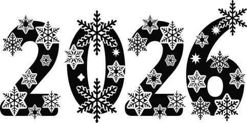 2026 New Year vector typography with black numbers and white decorative snowflakes for winter holiday design © Sume
