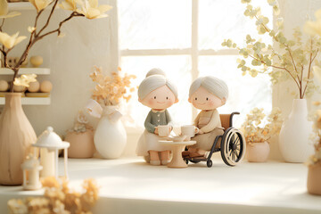 車椅子のお婆さん二人が楽しむ憩いのティータイム（3D）／まみおデザイン福祉シリーズ
