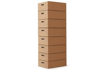 Stack of cardboard boxes for storage and moving, organizing documents, isolated with transparent background