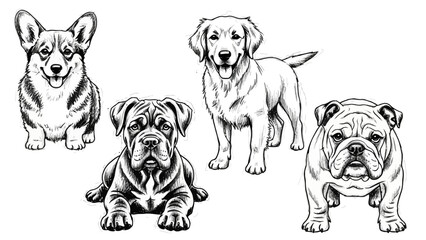 様々な犬種（コーギー、ゴールデンレトリバー、カネコルソ、ブルドッグ）が描かれた、詳細なモノクロ線画イラスト。.