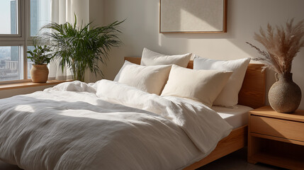 Cloud Dancer themed A serene and inviting bedroom a neatly made bed and natural light pouring in from a window Colour of the Year 2026