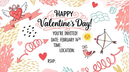 Happy Valentine's Day invitation card with cute hand-drawn hearts, Cupid's bow, and festive elements on a light background, perfect for a romantic celebration.