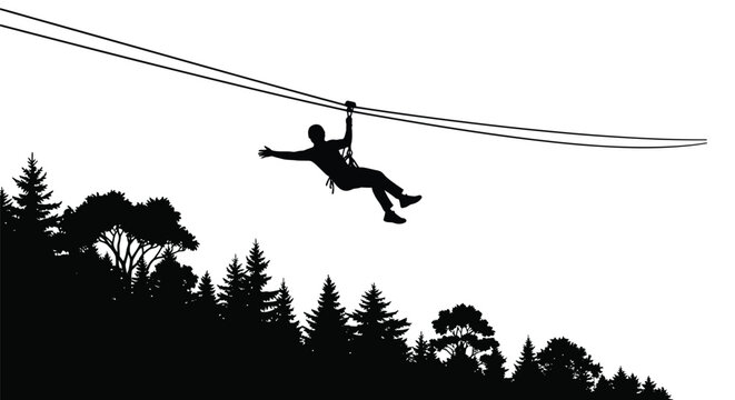 Silhouette of an adventurous person zip lining across the sky high above a dense forest canopy during a thrilling outdoor extreme sport activity