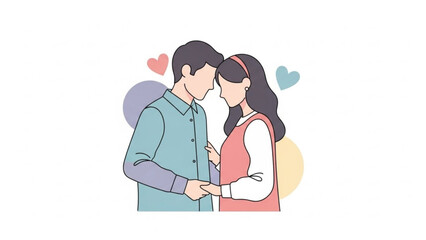 A couple sharing a tender moment with hearts surrounding them in a minimalist illustration
