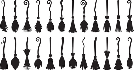 Black and white vector illustrations featuring a diverse collection of various broomsticks, ideal for Halloween, magic, and fantasy graphic designs