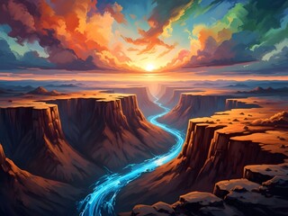 expressive painterly abstract landscape showing a central flowing waterway in blue tones surrounded by canyon like mountains warm textured brushwork dramatic swirling sky surreal luminous atmosphere h