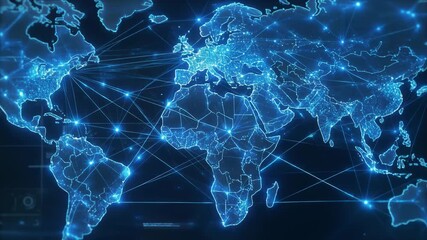 Explore a vibrant digital world map with glowing data points and interconnected networks in a futuristic setting - Powered by Adobe