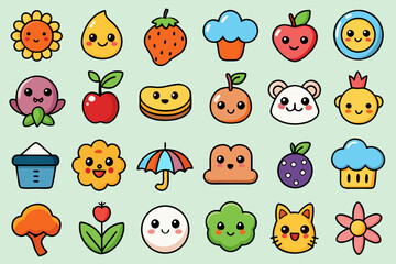 Adorable Hand-Drawn Kawaii Emojis - Bold Outline Vector Sticker Pack, Minimalist Kawaii Planner Icons - Cute Vector Characters for Digital Stickers, Minimalist Kawaii Planner Icons - Cute Vector Chara