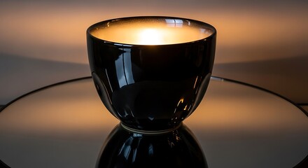 Elegant candle holder glowing softly on reflective surface, warm illumination