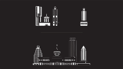 Obraz premium Black and white illustration of cityscape with skyscrapers and buildings from a distant viewpoint