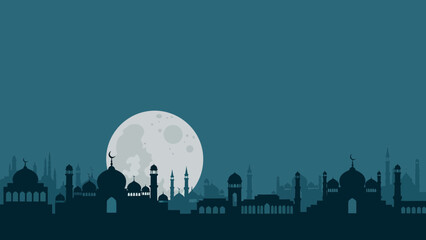 Silhouette cityscape of Islamic architecture under a full moon, representing cultural heritage and spiritual ambiance