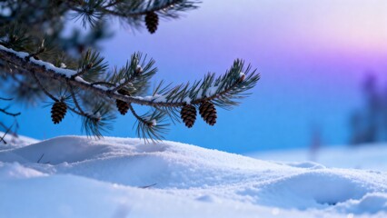 Snowcovered pine branch with cones