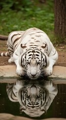 Naklejka premium White tiger drinking from water reflection.