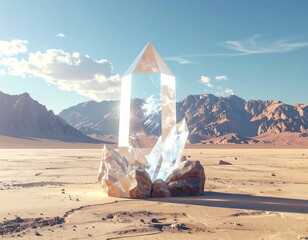 Surreal landscape with a large, faceted crystal tower emerging from a rocky formation. Desert terrain and mountain background