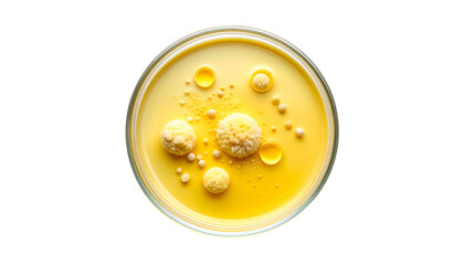 Fototapeta premium Petri dish showcasing yellow agar with colonies of cultured microorganisms