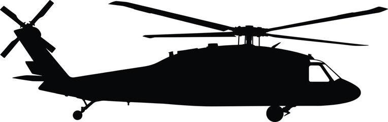 Military helicopter silhouette, modern combat aircraft with rotor blades, aviation defense transport isolated black vector illustration on white background design