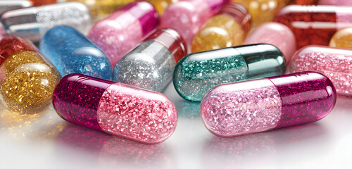 Sparkling, glitter-filled capsules in vibrant pink, blue, and green hues, suggesting medical innovation or luxury supplements.