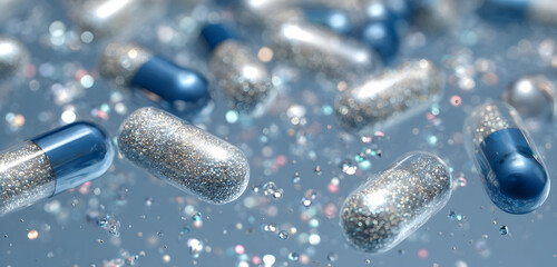 Close-up of blue and silver glitter-filled capsules floating in water, representing medication, health, and medical advancements.
