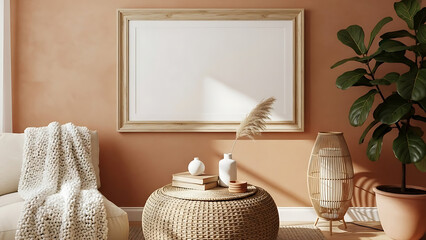 Living room interior design featuring blank frame art on wall against warm neutral tones with furniture arrangement concept for mock up 150chr