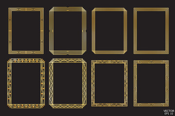 Premium gold geometric frames are isolated on black background. Luxury golden borders for invitations, luxury templates, and decorative patterns. 3D vector illustration.