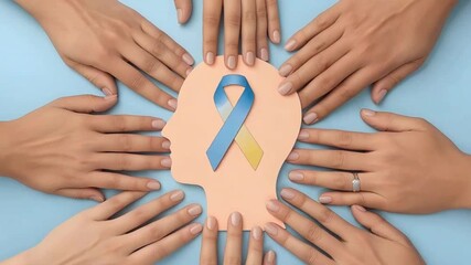 Adult and child hands holding paper head and blue and yellow ribbon, Down syndrome awareness , World down syndrome day
