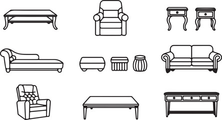 A black and white line drawing of various furniture pieces including chairs, sofas, tables, and stools arranged in a grid.