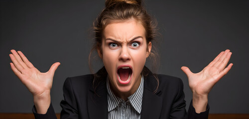 Angry young woman with messy hair and wide eyes, shouting with hands raised in a dramatic, intense pose against a dark background.