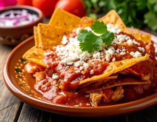 Plate of enchiladas topped with cheese, sauce, and a sprig of cilantro