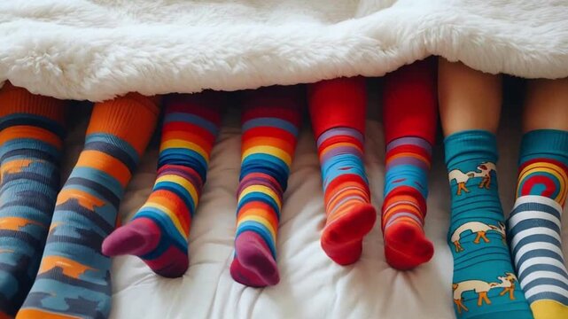 Colorful socks on feet as a symbol of World Down Syndrome Day.