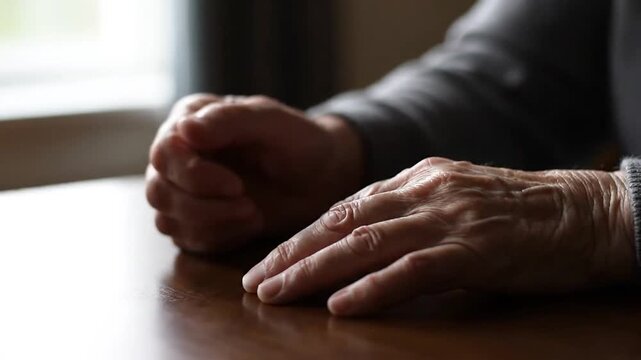 Close Up of Senior Woman's Wrinkled Hands Clenched on a Dark Brown Table in Dim Lighting Showing Age Care and Arthritis