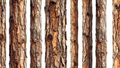 Close-up of vertical tree bark sections, showcasing textures and patterns, brown and orange