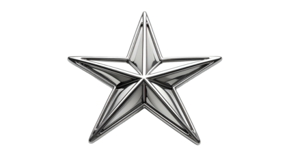 Isolated, lustrous silver five-pointed star icon with shaded facets, floating on black