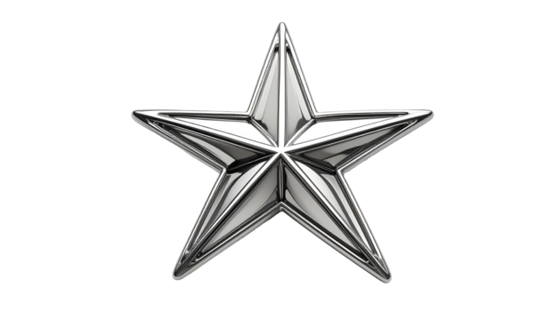 Isolated, lustrous silver five-pointed star icon with shaded facets, floating on black - Powered by Adobe