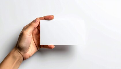 A hand holds a blank rectangular card on a white backdrop, angled for presentation