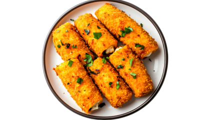 Overhead shot of breaded, golden-brown rolls on a white plate, garnished with herbs