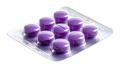 A close-up of a blister pack containing purple circular tablets on a black background