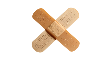 Two adhesive bandages in an X shape against black. Light and shadow emphasize texture
