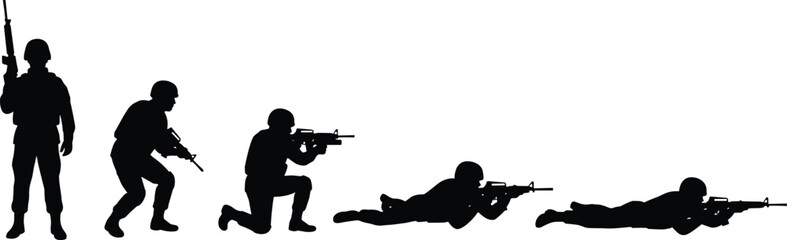 Military soldiers silhouettes advancing in tactical combat positions, armed forces training sequence, modern warfare action isolated on white background studio
