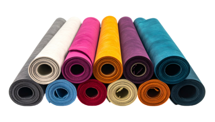 Vivid rolls of fabric in various colors stacked, black background